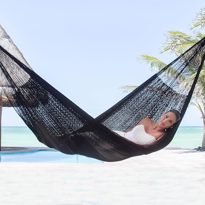 NOVICA Black Hand Woven Nylon Mayan 1 Person Rope Hammock with Hanging Accessories, 'Black Relaxation' (Single)
