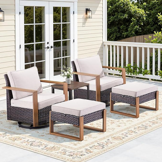 5PCS Swivel Patio Furniture Set, Outdoor Wicker Sofa and Swivel Rocker Chairs, All-Weather Conversation Set for Backyard, Deck and Poolside Beige