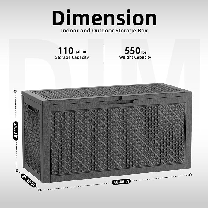 110 Gallon Outdoor Deck Box, Resin Waterproof Storage Box With Lockable Lid, UV-Resistant Multi-Purpose Outdoor Storage Bench for Patio Cushions, Garden Tools, Pool Accessories (110 Gallon, Black)