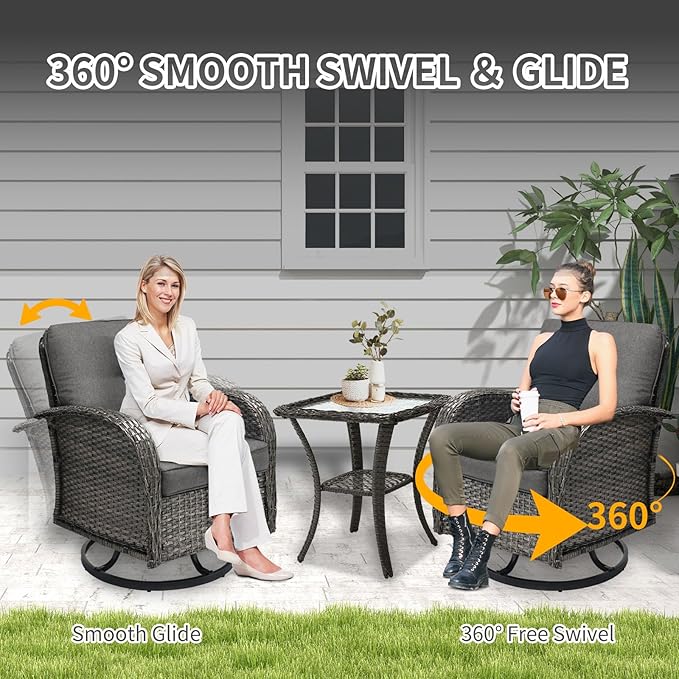 SHGJ&SOFT 3 Piece Patio Furniture Set, 2 Outdoor Swivel Rocking Chairs with Side Table, Wicker Glider Chairs, All-Weather Rattan Bistro Set for Porch, Deck, Pool (Grey, Grey Full-Weave Rattan)