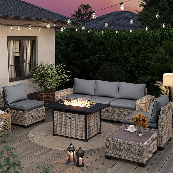 7-Piece Outdoor Patio Furniture Set with 55,000 BTU Fire Pit Table, PE Wicker Rattan Sectional Sofa Patio Conversation Set with Thickened Cushions & Coffee Table, Grey