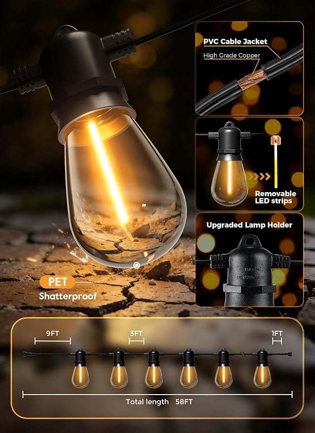 Minetom 58FT Solar String Lights Outdoor Waterproof, S14 Patio Lights | 17 LED Shatterproof Bulb, Remote Type-C Port Timable, 3 Light Modes Dimmable Solar String Lights for Outside, Yard, Camping