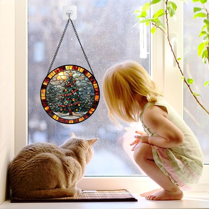 DASTOLL Stained Glass Window Hanging - Winter Christmas Tree Suncatcher Ready to Hang Window Doors Home Decoration, Christmas, Mother's Day Birthday Gifts for Women, Men, and Mom 9.8x9.8 in
