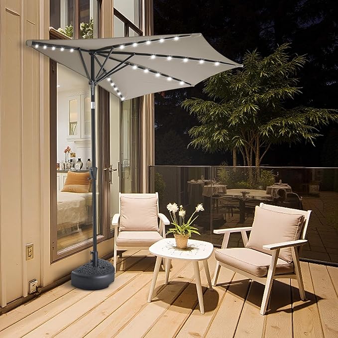 FLAME&SHADE 9 FT Solar Half Patio Umbrella with 25 LED Lights, Half Outdoor Umbrella with Button Tilt, Half Round Table Umbrella For Deck, Backyard, Balconies, Decks, Rvs, UV Protection (Taupe)