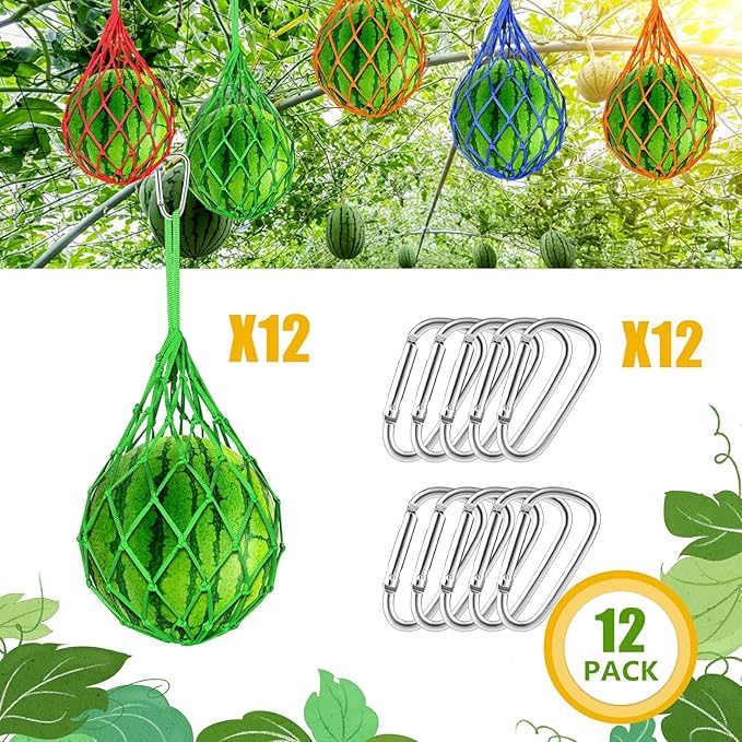 12 Pack Melon Hammocks Cradles, Melon Hammock for Trellis Heavy Duty Watermelon Nets with Hooks (Green)