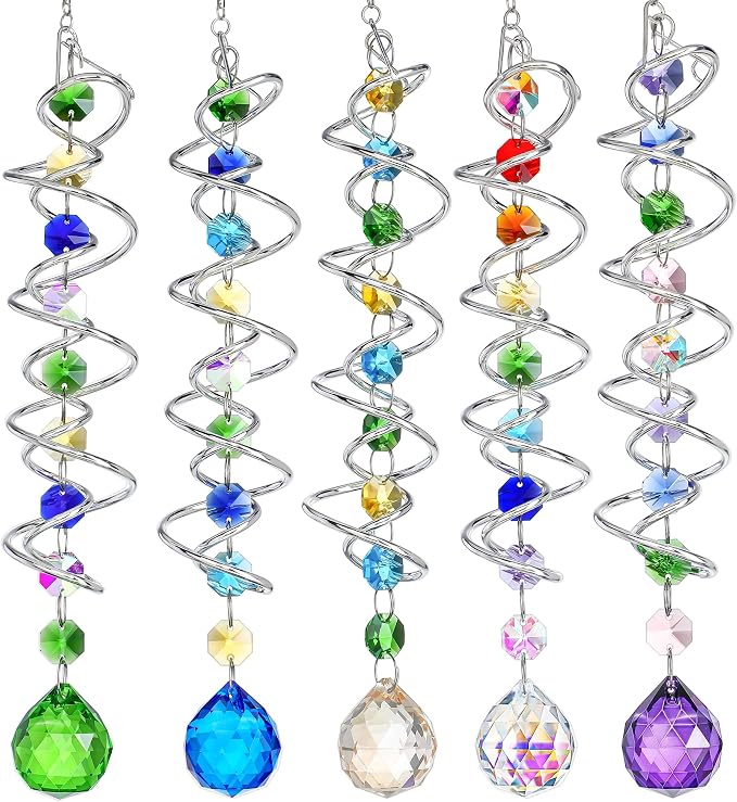 5 Pack Crystal Gazing Ball Spiral Wind Spinner Garden Decor | Crystal Suncatcher Wind Spinner with Spiral Tail Gazing Ball Hanging for Indoor Outdoor Garden Patio Yard Home Decor