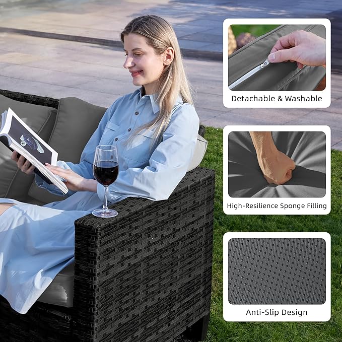 UDPATIO Patio Furniture Set with Fire Pit Table and Swivel Rocking Chairs, 6 Pieces Outdoor Wicker Furniture Set with Waterproof Cover, 4'' Thickened Cushion, Grey