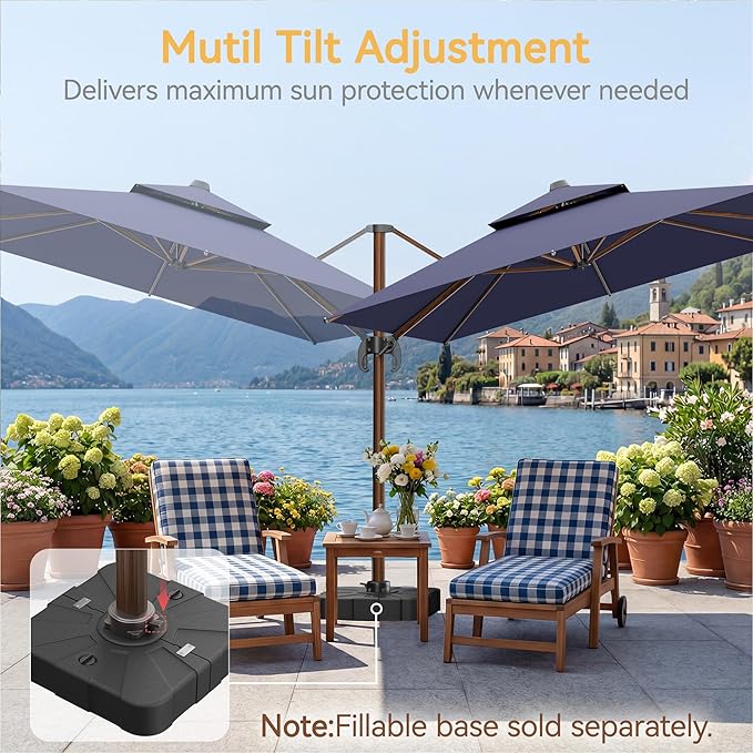10x13 FT Wood Pattern Patio Umbrella, Large Deluxe Cantilever Rectangular Double Top Heavy Duty Offset Umbrellas with 360° Rotation, Outdoor shade for Garden Deck Pool Patio, Navy