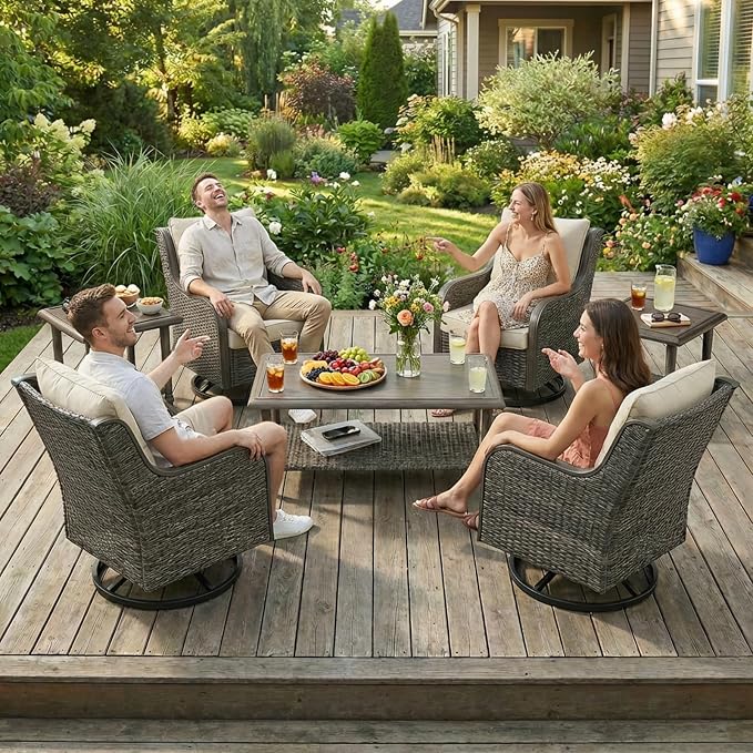 6-Piece Swivel Patio Furniture Set, 4 Outdoor Wicker Swivel Chairs with Coffee Table & Side Table, All-Weather Conversation Set for Porch Deck Backyard, Water-Resistant Cushions（6-PCS