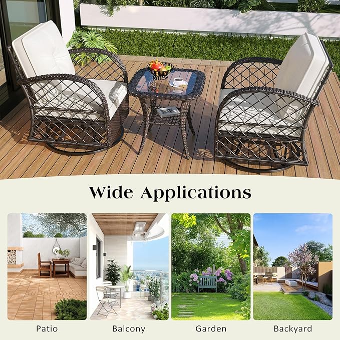 3-Piece Outdoor Chair&Table Set Chat Set, Patio Wicker Chairs Swivel Rocker, Patio Conversation Set with Two Swivel Chairs and a Square Table, 2-Person Rattan Seating Groupfor Deck Backyard, Brown