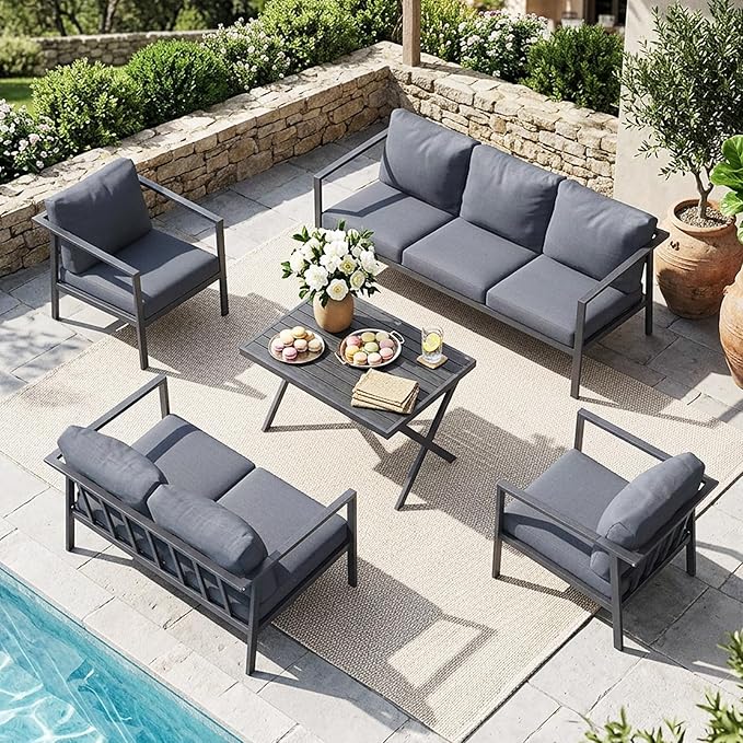 Aug-guan Aluminum Patio Furniture Set 5 Piece, Outdoor Conversation Set with 5" Cushions, Olefin Fabric, Rustproof Frame, Non-Slip Feet, Compact Patio Sofa Set for Balcony, Backyard, Porch,Grey