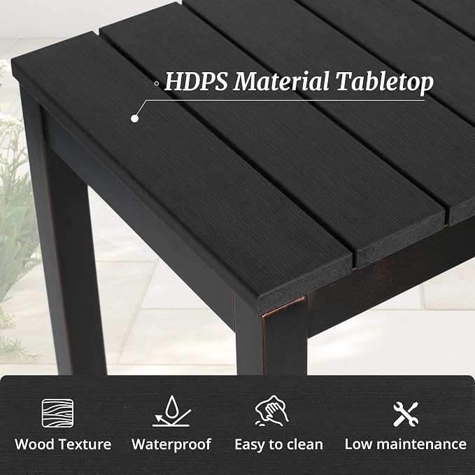Cozyman Outdoor Bar Table, 45" Patio Bar Height Counter Console Table, Black Waterproof HDPS Slatted Top and Bronze Leg, Weather Resistant, Hot Tub, Balcony, Yard, Indoor or Outdoor Use