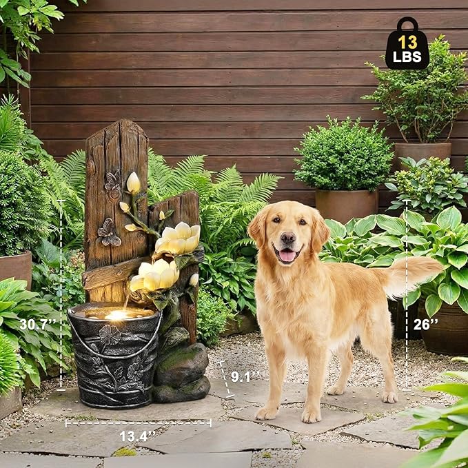 30.7" H 3-Tier Rustic Water Fountain Outdoor with Lights, Faux Iron Bucket & Wooden Stripe Cascading Waterfall Feature with Flowers & Butterfly for Garden, Patio, Backyard, Porch, Yard Decor