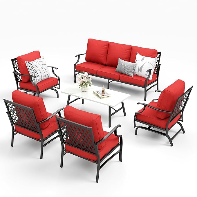 Patio Furniture Set 6 pcs, Outdoor Patio Furniture, 1 X 3-Seat Sofa, 2 X Single Chairs, 2 X Rocker Chairs, 1 X Coffee Table and 5.75" Extra Thick Cushion, Patio Conversation Set,Red