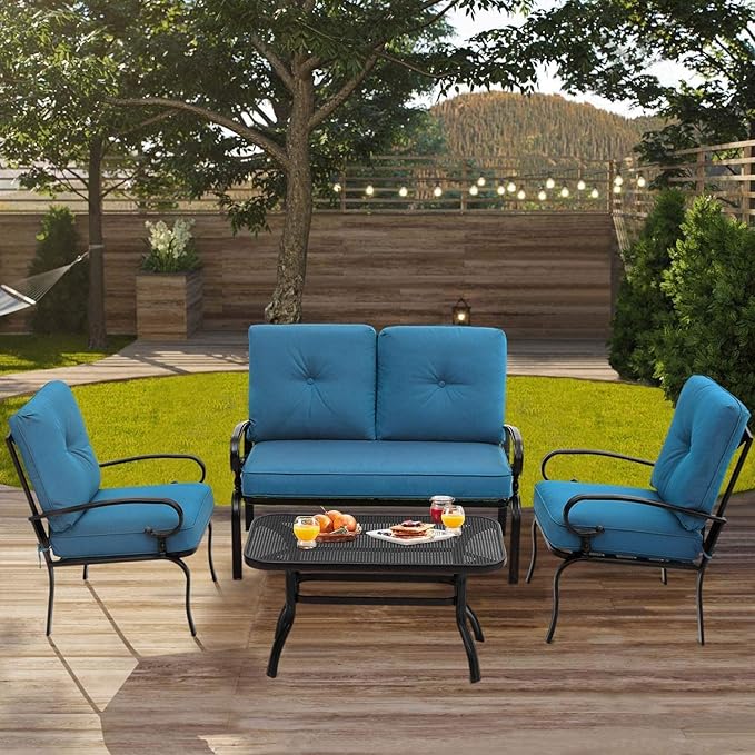Outdoor Furniture Patio Conversation Set Loveseat, 2 Chairs, Coffee Table with Cushion, Lawn Front Porch Garden, Metal Chair Set Wrought Iron Look(Peacock Blue)
