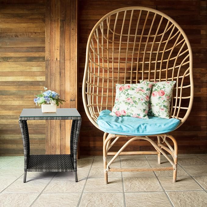 18" Patio Rattan Wicker Side Tables,Outdoor Square Wicker End Table,Waterproof Patio Coffee Side Table,Outside Storage Coffee Tables,with Glass Top,for Garden Porch Poolside Deck Backyard (Grey)