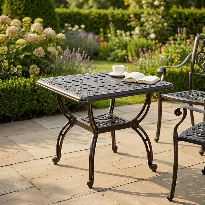 Square Outdoor Coffee Table Set of 2, Cast Aluminum Side Table with Storage,Indoor End Table, All-Weather Bistro Table for Patio Garden Lawn, Bronze