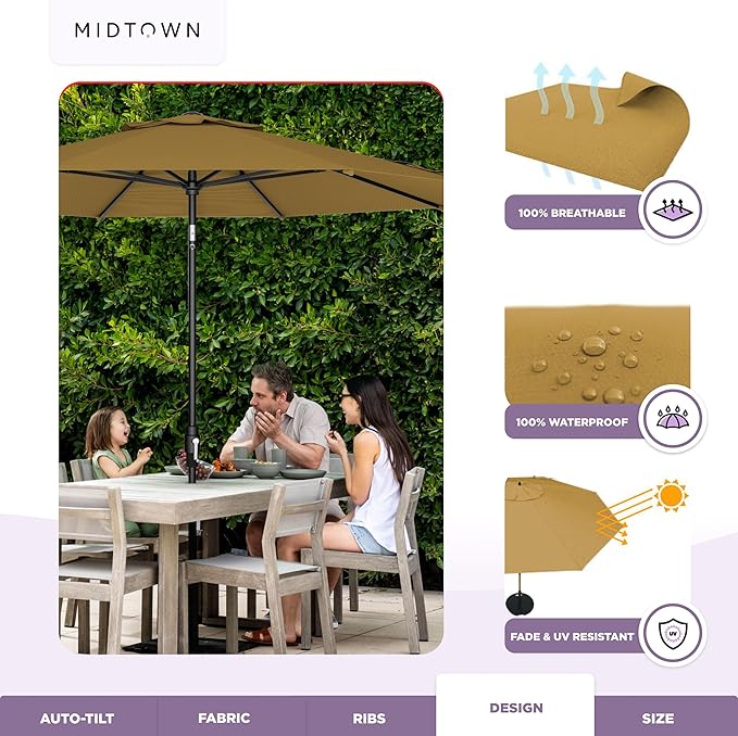 Midtown Umbrellas – The Swilt 10 Ft Patio Umbrellas with 360° Swivel & Tilt Mechanism, 8 Fiberglass Ribs & Terylast Polyester Fabric for Backyard, Deck, Pool & Cafes - Sand Canopy, Black Pole
