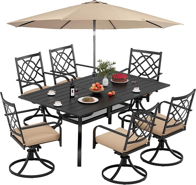 8 Piece Patio Dining Set Outdoor Furniture Set, Rectangular Metal Patio Dining Table with Umbrella Hole & 9FT Patio Umbrella 6 Swivel Dining Chairs for Garden Lawn Yard