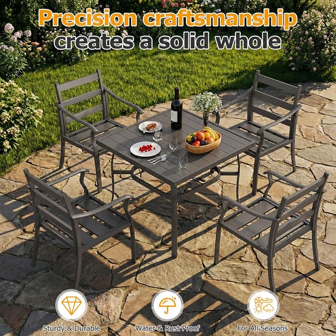 EROMMY 5-Piece Outdoor Patio Dining Set, 4 Metal Slat Chairs & Square Table with Umbrella Hole, All-Weather Patio Furniture for Backyard, Deck and Garden