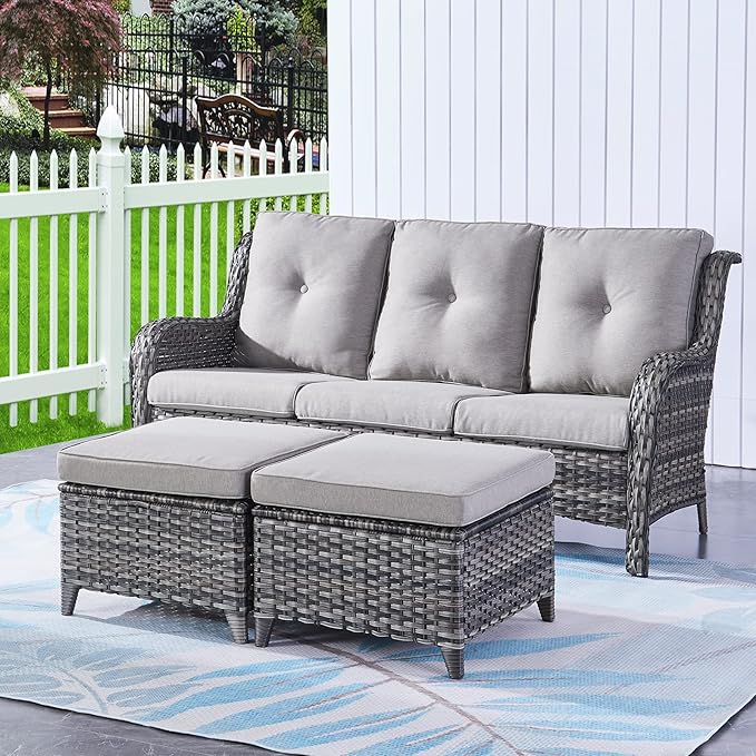 Rilyson 3 Piece Wicker Patio Furniture Set - Outdoor Rattan Patio Comversation Set with 1 Sofa and 2 Ottomans for Outside Porch Deck Garden(Mixed Grey/Grey)