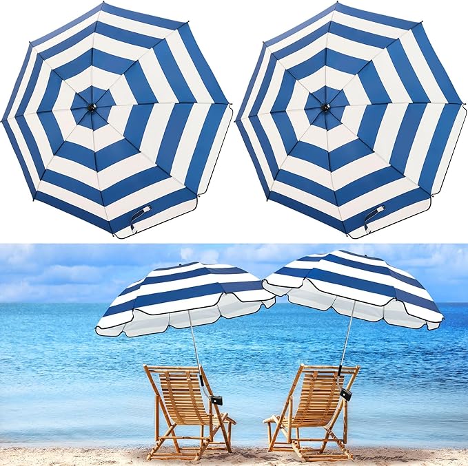 Buryeah 2 Pcs Beach Chair Umbrella Automatic with Universal Adjustable Clamp 44" UPF 50+ Portable Clamp on Beach Chair for Wheelchair Patio Golf Carts Camping