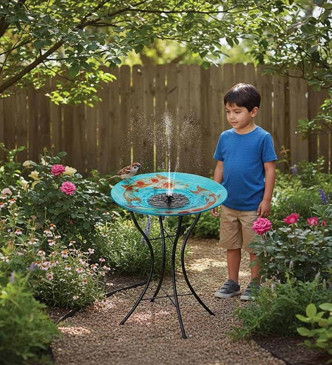 Regal Art & Gift 23" Bird Bath with Fountain - Durable Glass Bowl with Heavy-Duty Metal Stand, Easy to Fill, Ideal for Patio, Porch & Garden Décor - Koi