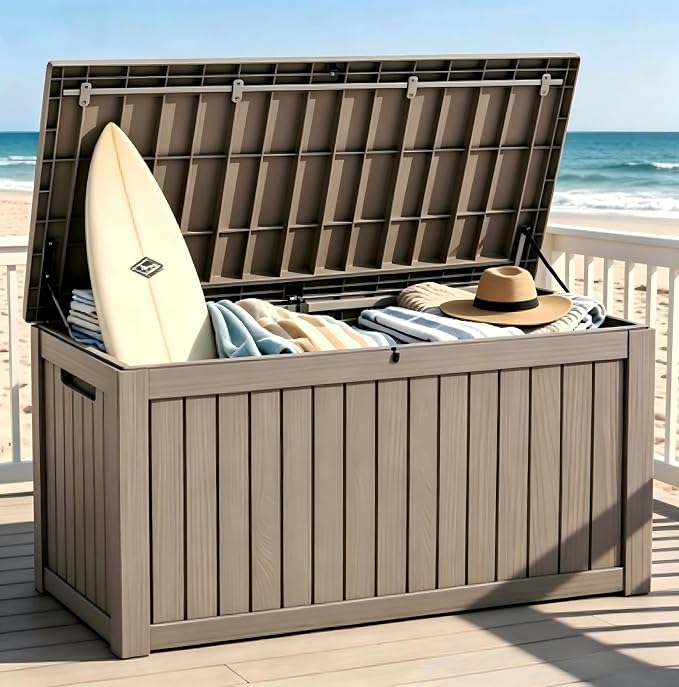 182 Gallon Outdoor Deck Storage Box, Large Waterproof Resin Patio Storage Box, Lockable Bench Seat Holds 2 Adults, for Garden Tools, Cushions & Pool Floats, UV & Rust Resistant, Gray Brown