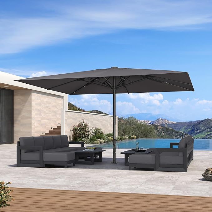 PURPLE LEAF 16' x 13' Rectangular Semi-Auto Outdoor Patio Umbrella Aluminium Market Umbrella Table Sun Umbrella with 3.15" Rod and 8 Sturdy Ribs for Deck Lawn Pool Garden, Gray