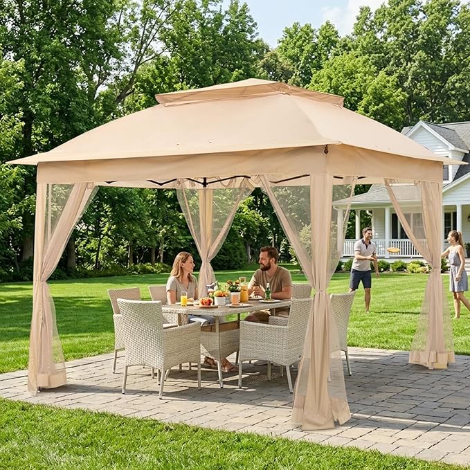 COOS BAY 11x11 Pop Up Gazebo with Mesh Netting, Instant Outdoor Canopy Tent, Water Resistant Shelter with UPF 50+ UV Protection, 121 Sq Ft Coverage, Khaki