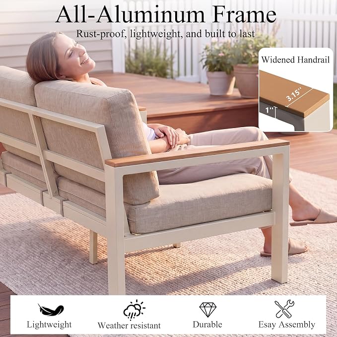 3-Seat Aluminum Outdoor Sofa, 1-Piece Powder-Coated Patio Sectional Sofa with 1.5mm Thick Frame, Anti-Hot Armrest & Waterproof Removable Cushions, Large Outdoor Couch for Backyard Courtyard Beige