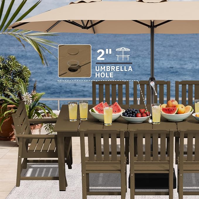 AreShark 9-Piece Outdoor Dining Set,HDPE Patio Table with 8 Chairs,All-Weather Patio Furniture Set with Umbrella Hole,Low Maintenance Wood Grain Dining Set for Backyard,Garden,Poolside,Brown