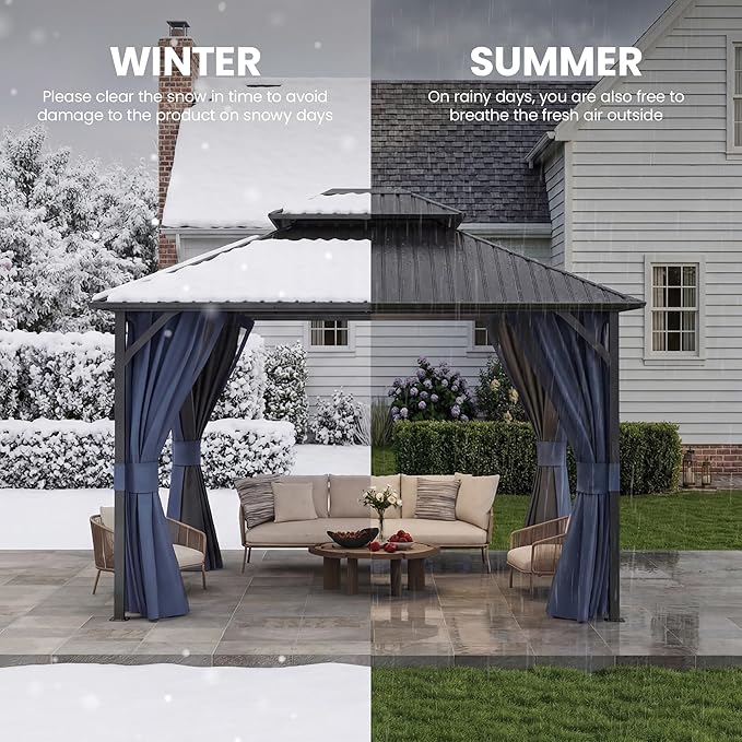 UDPATIO 10'x12' Hardtop Gazebo, Metal Gazebo with Galvanized Steel Double Roof, Permanent Patio Pavilion for Dining Parties, Navy Blue