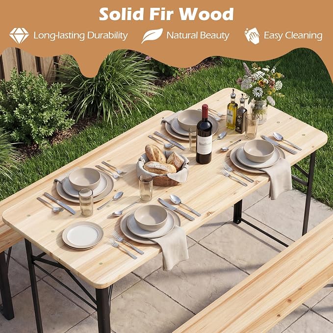Tangkula 3 Piece Folding Picnic Table with 2 Benches, Foldable Wood Picnic Table Bench Set with Heavy-Duty Metal Frame for 4, Space-Saving Outside Table and Bench Set for Backyard, Patio, Garden