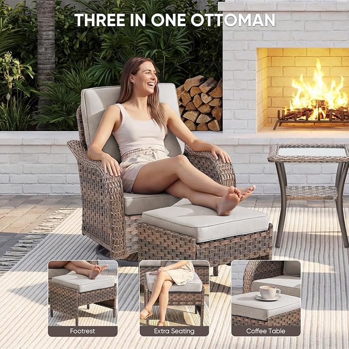 Patio Furniture Set - 5 Pieces All Weather Wicker Outdoor Furniture with 2 Swivel Chairs, 2 Ottomans and Side Table, Ergonomic Design for Porch, Deck, Balcony, Garden, and Backyard(Beige)