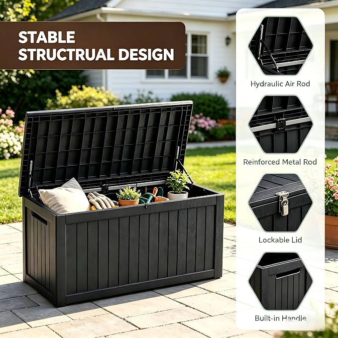 146 Gallon Deck Box, Waterproof Outdoor Storage Box, Lockable Resin Patio Storage Box for Cushions, Garden Tools & Pool Accessories, Heavy Duty Outdoor Storage Bench, Black