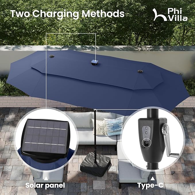 PHI VILLA 13ft Patio Umbrella with 120 PCS Solar-Powered LED Color-Changing Lights, 2-Tier Double-Sided Large Rectanglular Umbrella with Base Included, Blue