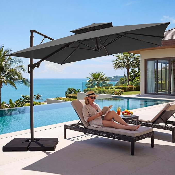 JEAREY 12ft 2-Tier Cantilever Patio Umbrella, Large Square Outdoor Offset Umbrella with Double Top Vent and 360-degree Rotation for Garden, Deck, Pool, Patio，Gray