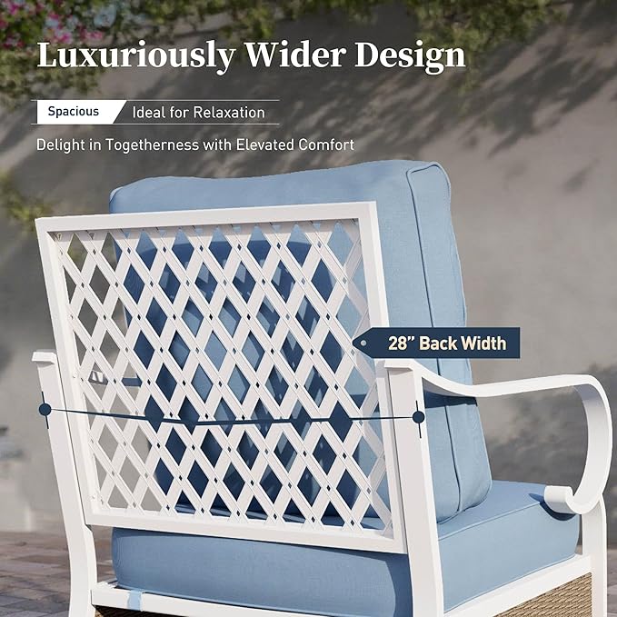 4 PCS Metal Outdoor Patio Furniture Set, Patio Conversation Sets 1 3-seater Sofa, 2 Rocking Chairs with 5.75" Extra Thick Cushion and Coffee Table, White Frame Backyard Furniture, Blue