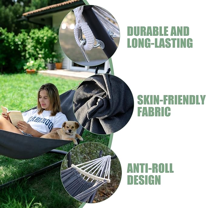 Free Standing Hammock with Stand, 550lbs Capacity - Anti-Flip Curved Spreader Bars - Premium Cotton Portable Hammock for Deck, Porch, Garden - Easy Assembly with Carrying Bag, Heather Gray