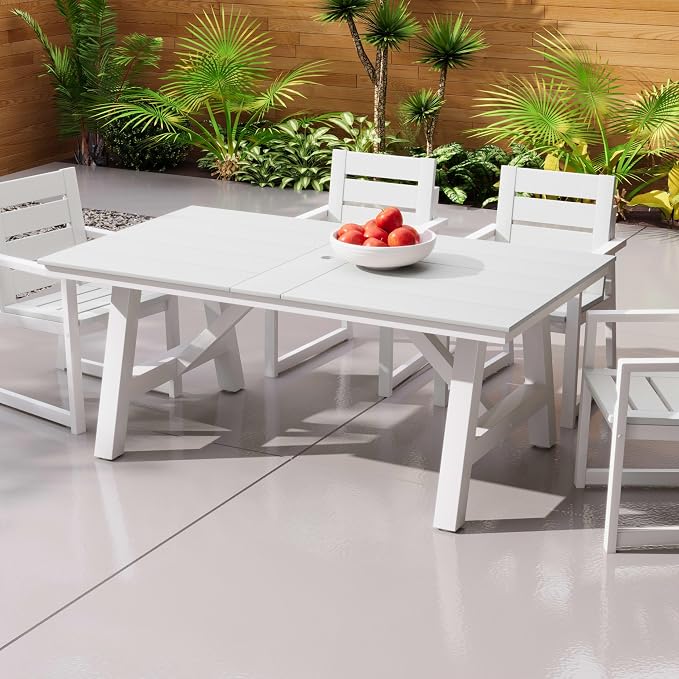 Costaelm Outdoor Dining Tables for Patio, 72" Rectangle 6-Person HDPE Dining Table with Umbrella Hole and Metal Frame for Outside, Garden, Poolside, Backyard, Porch, Balcony, White