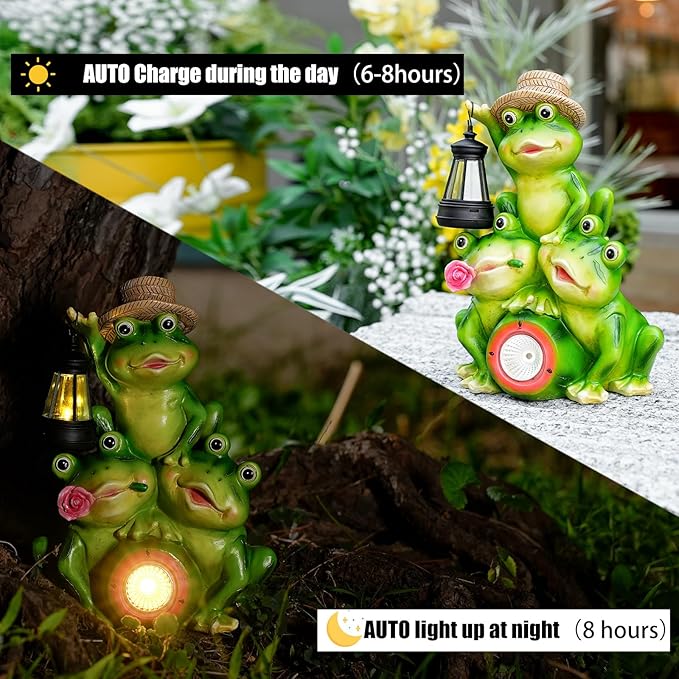Joint Honglin Solar Frog Family Garden Statue Figurines with Lantern & LED Light – Cute Solar Yard Decor for Lawn, Patio & Outdoor Pathway(Family Frogs)