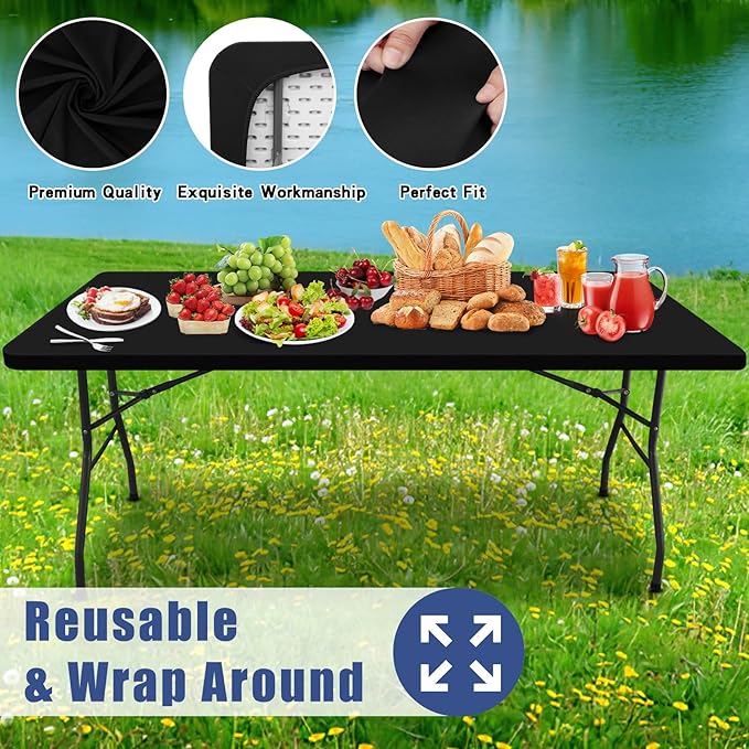 Moosfor Spandex 6 Foot Rectangle Table Cloth 2 Pack, Elastic Fitted Tablecloths for Picnic, Stretch Washable Patio Table Cover for Outdoor, Camping, Banquet and Parties (Black, 30"x72")