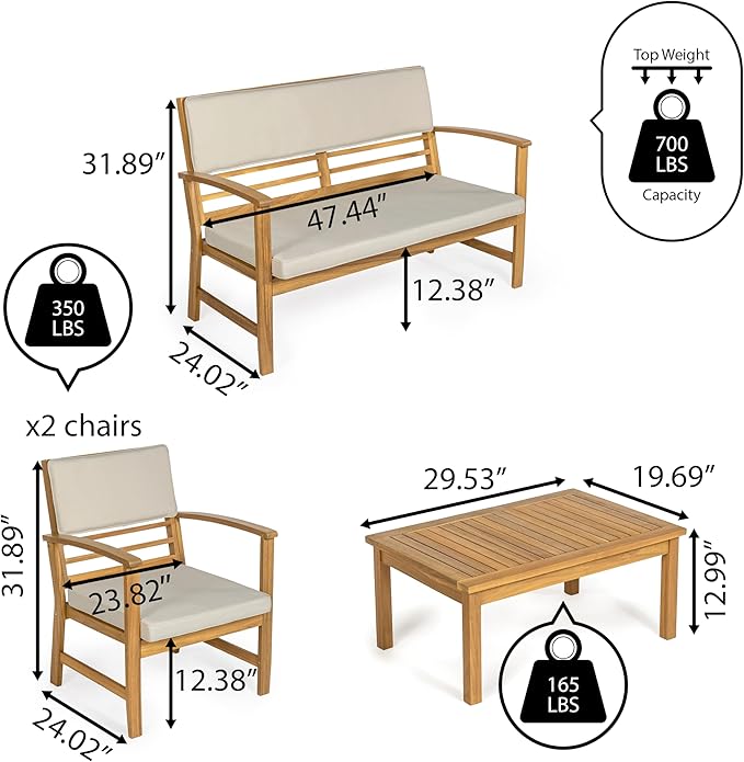 JONATHAN Y LVG1000A-4SET Barclay 4-Piece Modern Coastal Acacia Wood Conversation Outdoor Patio Set with Cushions Transitional, Classic, Traditional, Vintage, Mid-Century, Light Gray/Teak Brown