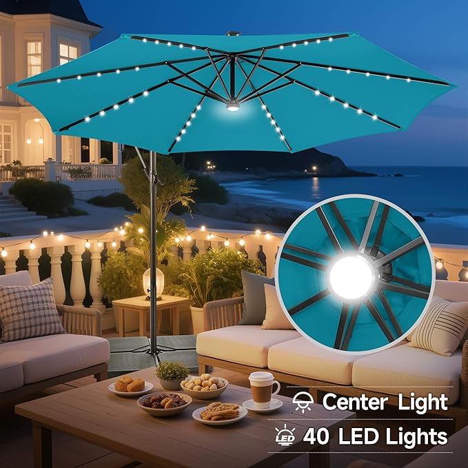 Solar Offset Patio Umbrella - 10 FT Solar Cantilever Umbrella Outdoor with 40 LED Lights and Cross Base, UV Protection for Garden, Deck, Backyard, Pool, Porch, Aqua Blue