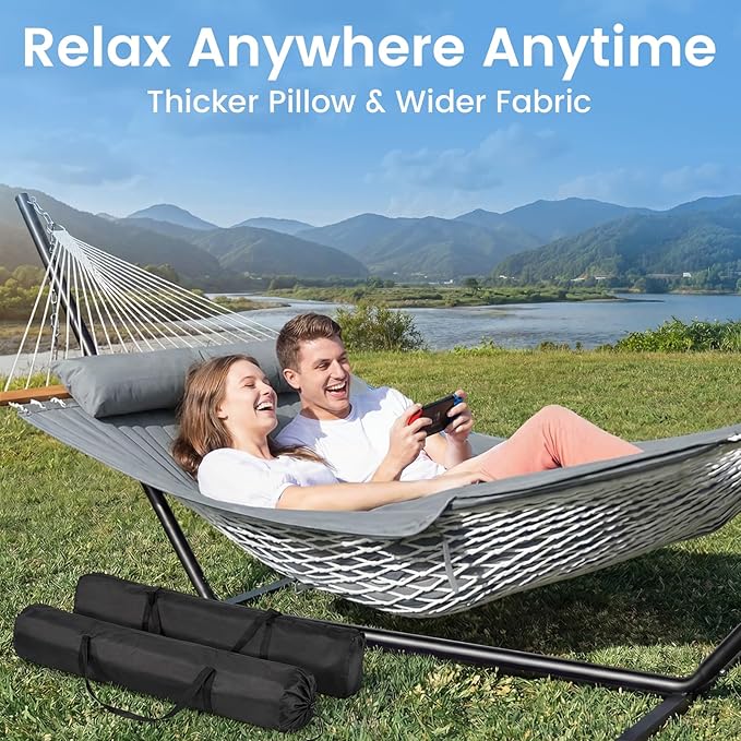 Double Hammock with Stand – Portable Cotton Rope Hammock with Removable Quilted Pad & Pillow, Adjustable Steel Frame for Patio, Backyard, Garden, Park, Camping & Outdoor Relaxation – Gray
