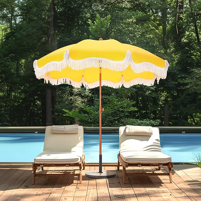 MFSTUDIO 7ft Beach Umbrella with Fringe, Tassel Umbrellas UPF50+ with Tilt Button & Crank, Holiday Outdoor Umbrella with Carry Bag, Ideal for Garden Lawn Poolside, Gold Yellow