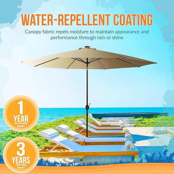 Island Umbrella Calypso 11 ft Octagon Patio Umbrella – With Crank Lift, Push-Button Tilt, Rust-Resistant Aluminum Pole, 8-Rib Frame, Solar LED Lights & Breez-Tex Weather-Resistant Canopy – Champagne
