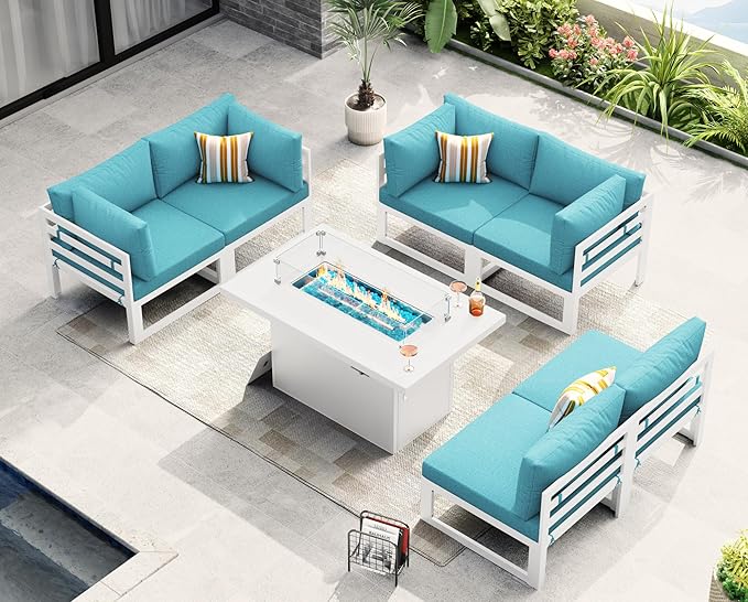 NICESOUL 6 Person Modern Aluminum Outdoor Patio Furniture Set with Fireplace, 29" Wide Deep Seating, Fade & Water Resistant L Shaped Sectional Couch, Large Conversation Set for Backyard Terrace, Teal