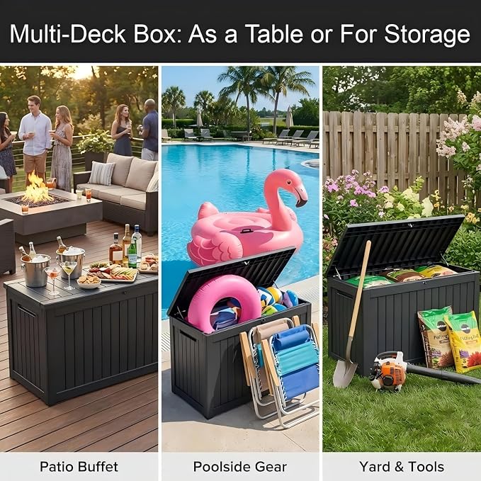 200 Gallon Resin Outdoor Storage Box for Garden Tools, Pool Supplies & Outdoor Patio Cushions – UV-Resistant, Waterproof, Durable Material – Lockable (Black)